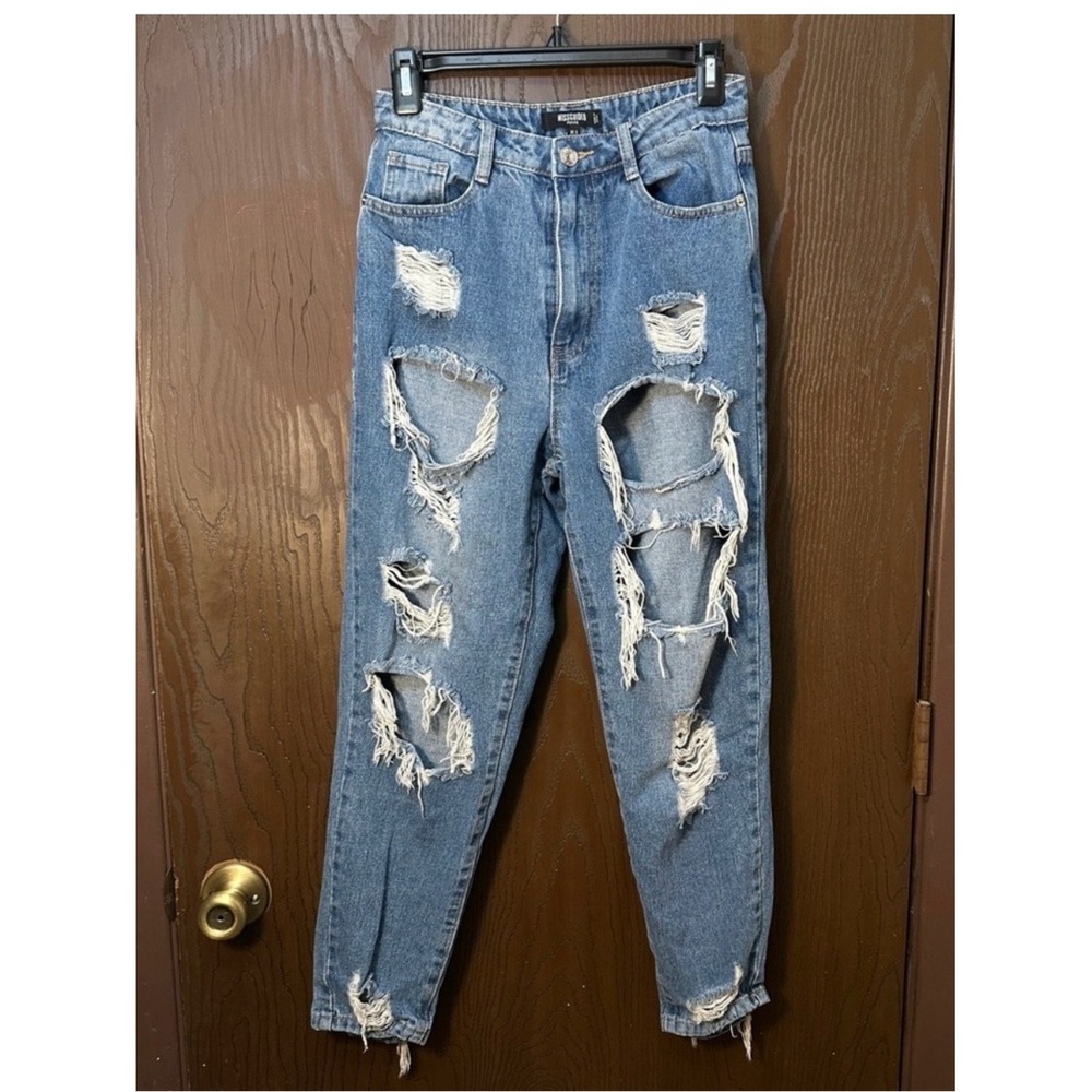 Missguided Petite High Waisted Distressed Mom Jeans Blue US 2 UK 6 EUR 34